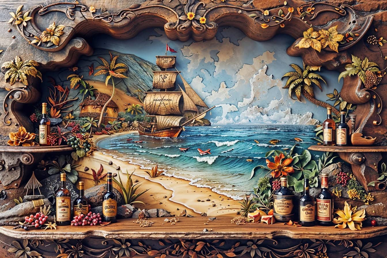 Drinking bar in winery with wine bottles on massive rustic frame and with mural of a sailing ship on the beach on the wall