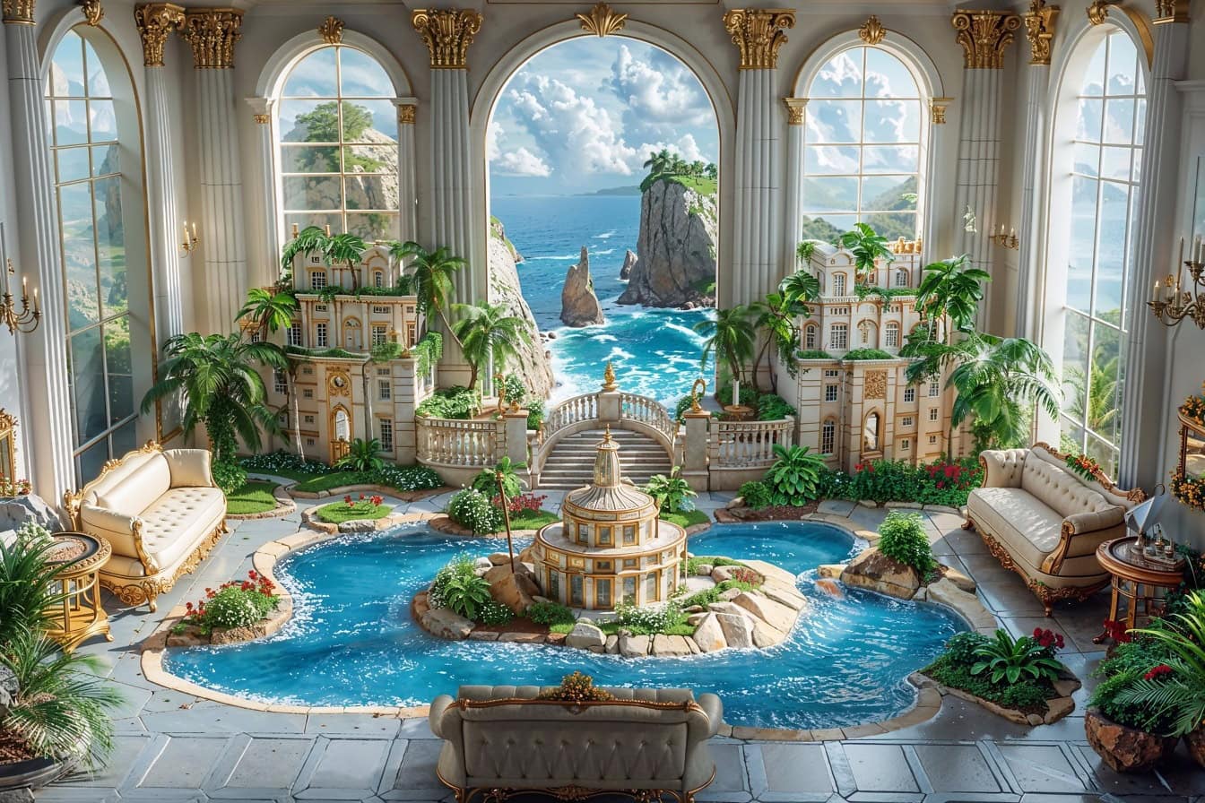 Sảnh cung điện được trang trí với đồ nội thất theo phong cách Victoria sang trọng và mô hình biệt thự trong hồ bơi nhỏ