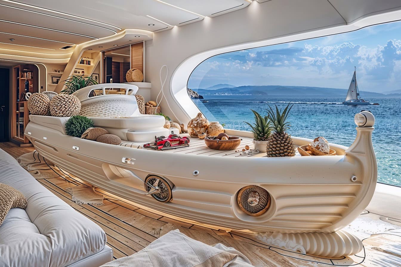Современная концепция оформления комнаты на яхте со столом в виде корабля с видом на океан через большое окно