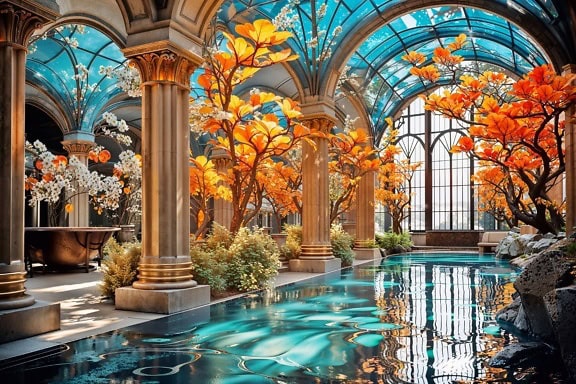 Koncepcja basenu w oranżerii w stylu XIX-wiecznej szklarni