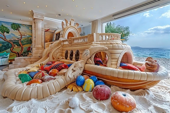 Children’s play room with colorful inflatable slide by the beach