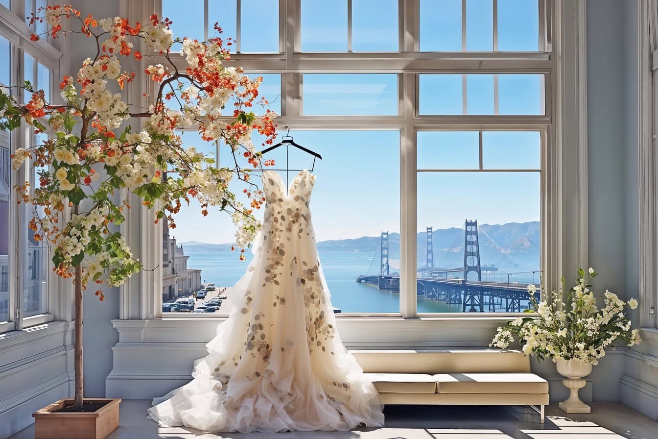 Svadobné šaty v miestnosti visia na okne s výhľadom na most