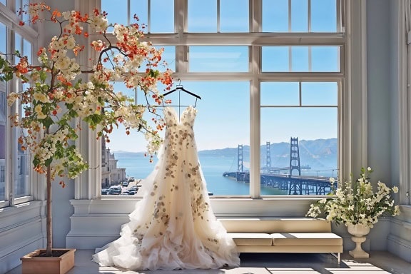 O vestido de noiva no quarto está pendurado na janela com vista para a ponte