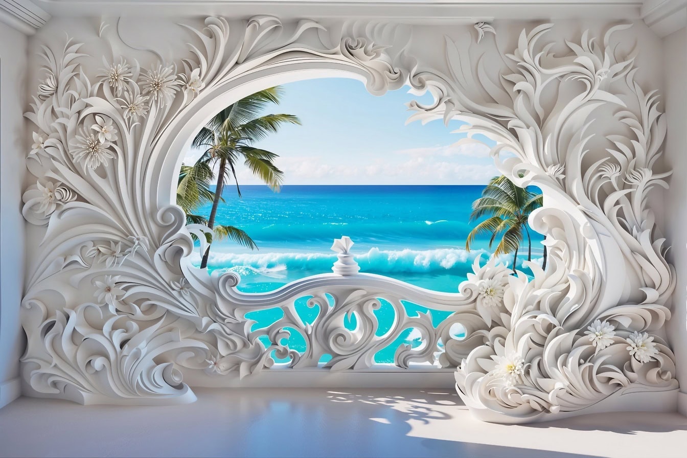 Terrasse med hvid udskåret væg med udsigt over havet og palmerne