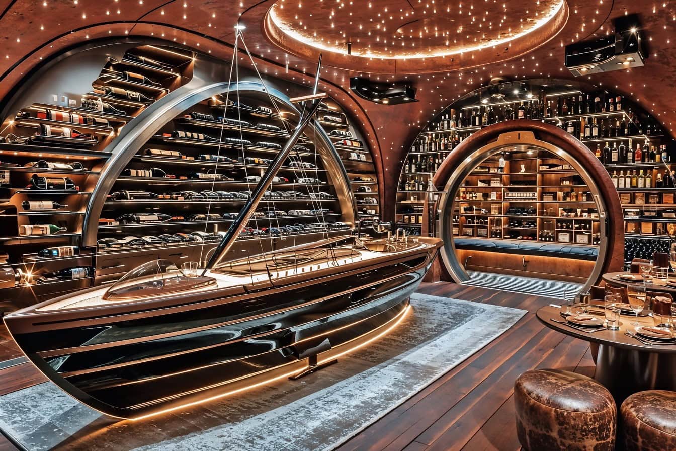 Interior futuristik gudang anggur di kilang anggur dengan meja berbentuk perahu dan rak dengan botol anggur
