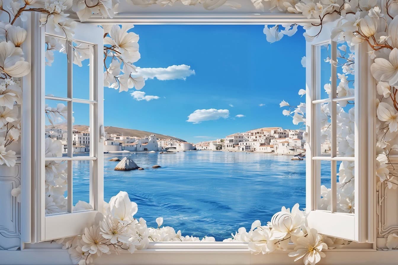 Prozor s bijelim cvjetovima s pogledom na morski gradski pejzaž