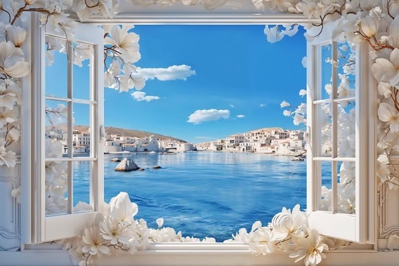 Окно с белыми цветами с видом на морской городской пейзаж