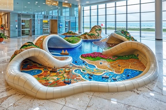 3D-mosaiikki merihenkiseen tyyliin lentokentän hotellin aulassa