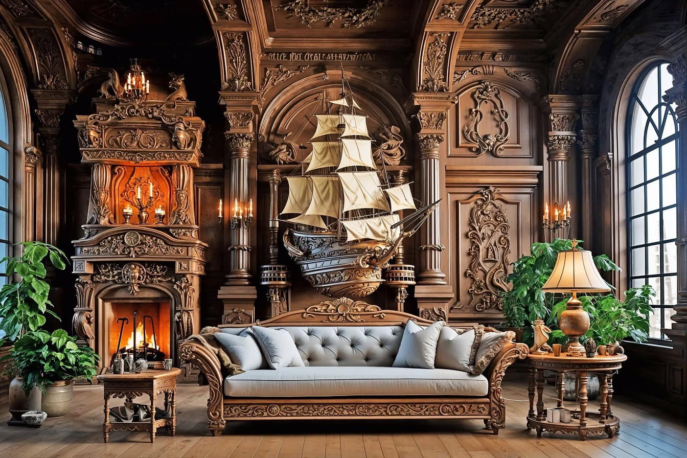 Interior of a room in a Victorian-maritime style with a fireplace and a sailing ship on the wall above a couch