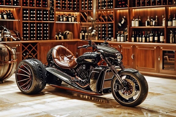 A futuristic concept of a black super tricycle inside a wine cellar