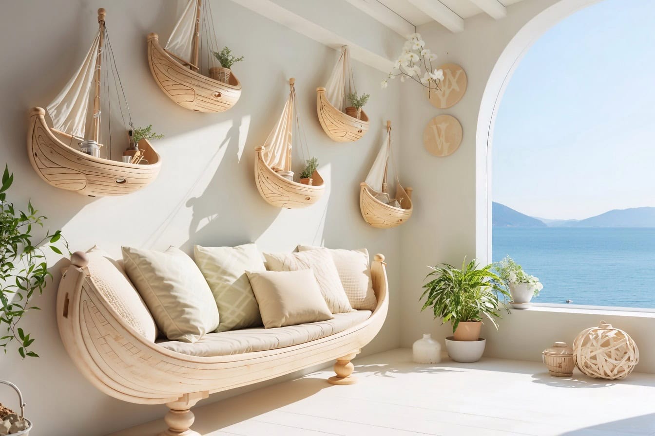 A modern szoba belseje kanapéval és kosarakkal, a falon lógó vitorlás hajók formájában
