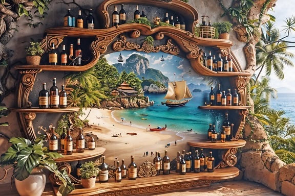 Rafturi cu sticle de vin pe perete cu o pictură murală în stil maritim