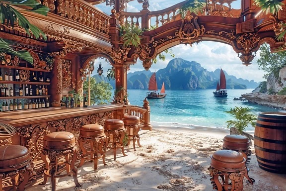 Ravintola-baari maalaismaisessa 18-luvun viktoriaanisessa tyylissä rannalla