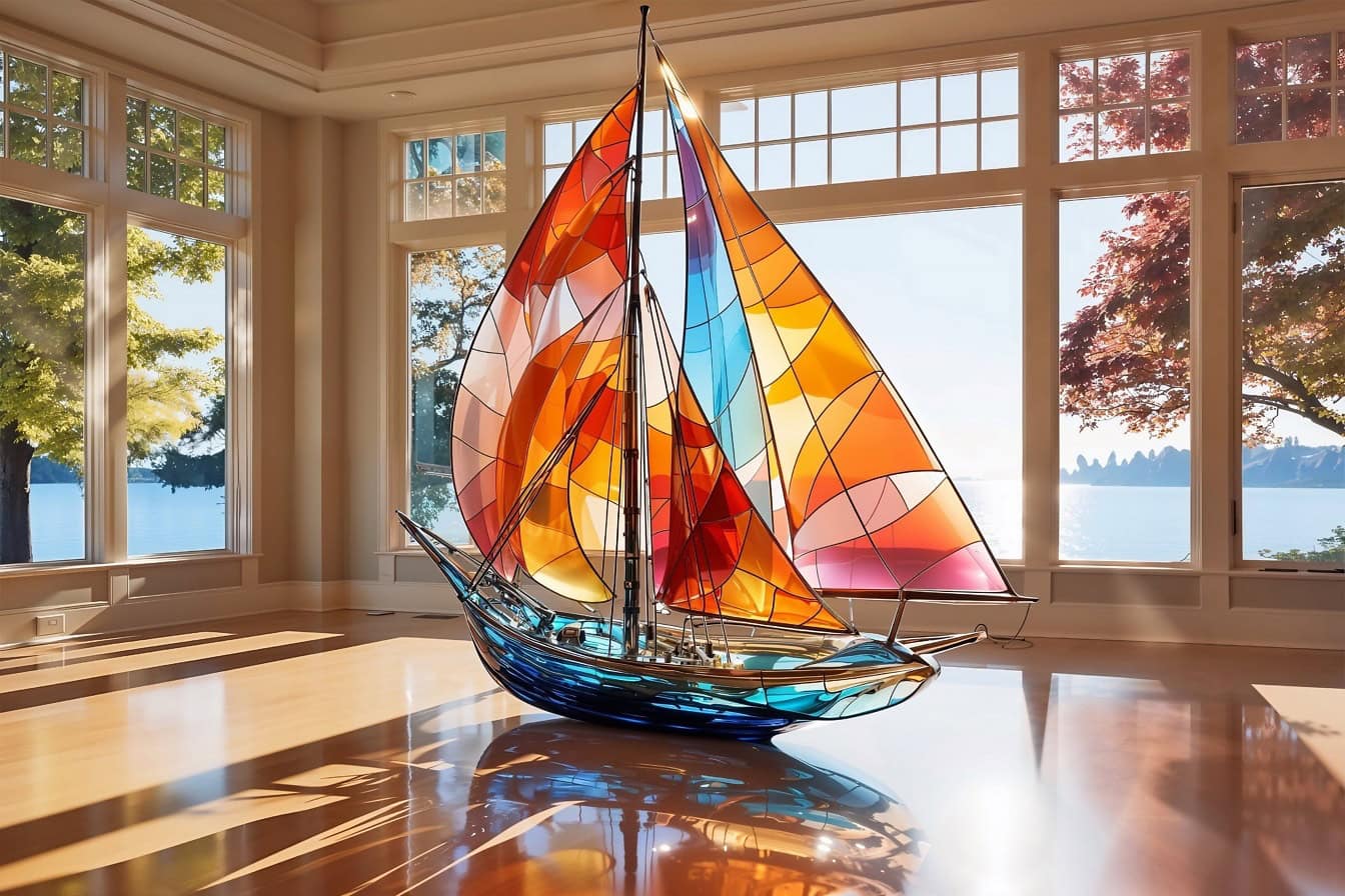 Colorful artistic stained glass sculpture of a sailboat in an empty room illuminated with sunrays as backlight