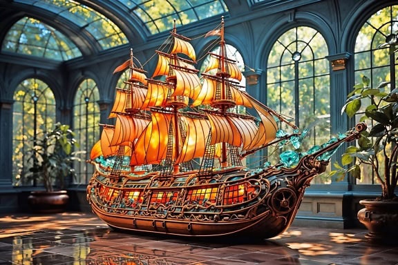 En modell av ett segelfartyg i glasmålningsteknik illustrerar fotomontagets mästerverk