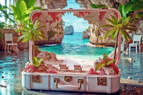 A suitcase overlooking the beach in it illustrates a trip to summer vacation