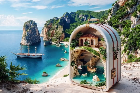 Koffert med en modell av et miniatyrhus og en båt i en underjordisk hule under huset