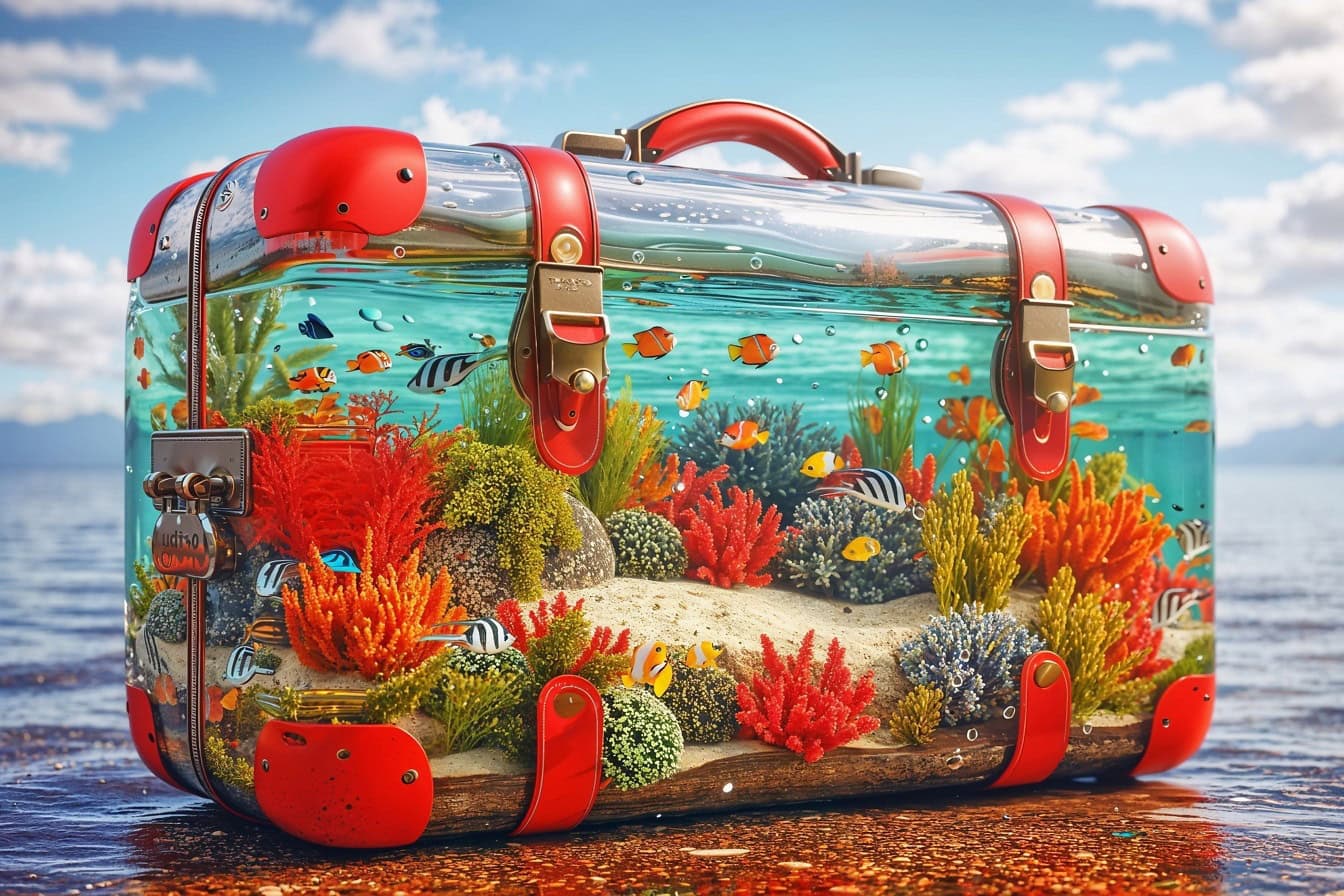 海洋风格的水族馆，以旧旅行手提箱的形式出现，热带暑假旅行的插图