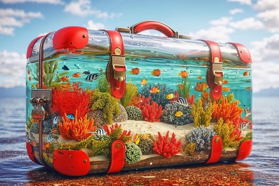 Aquarium im maritimen Stil in Form eines alten Reisekoffers, Illustration einer Reise im tropischen Sommerurlaub