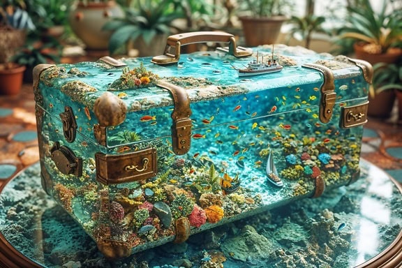 물고기와 산호가 들어있는 오래된 여행 가방 형태의 해양 스타일의 수족관