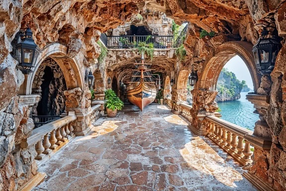 Tengerészeti múzeum egy tengeri barlangban egy régi vitorlás hajóval