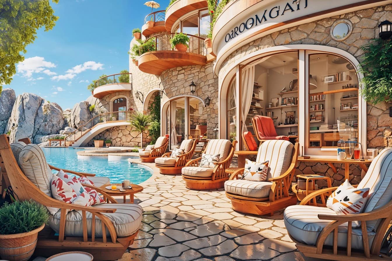 Concetto di villa di lusso con mobili da giardino sulla terrazza a bordo piscina