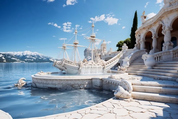 White stone fountain in the shape of a sailing ship in front of beachfront villa