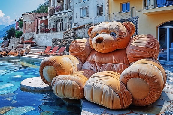 En stor lenestol i form av en tegneseriebjørn som sitter ved bassenget på gårdsplassen til villaen