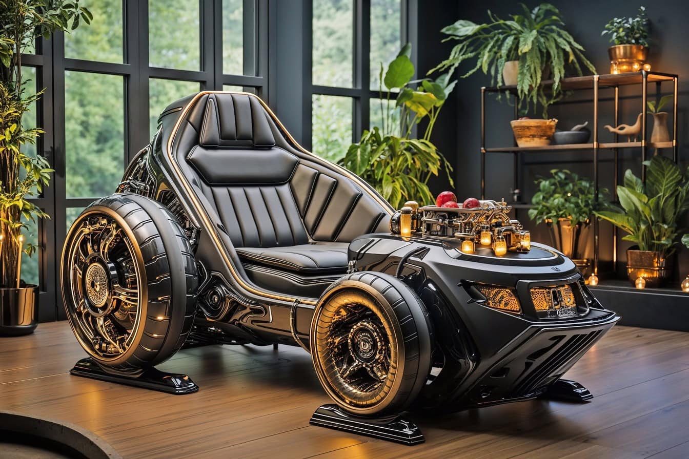 Il concept di un futuristico triciclo da motoslitta con cerchi lucidi all’interno del salotto