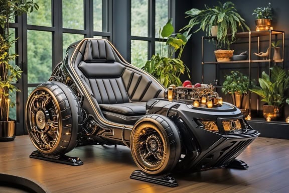 The concept of a futuristic snowmobile tricycle with shiny rims inside the living room