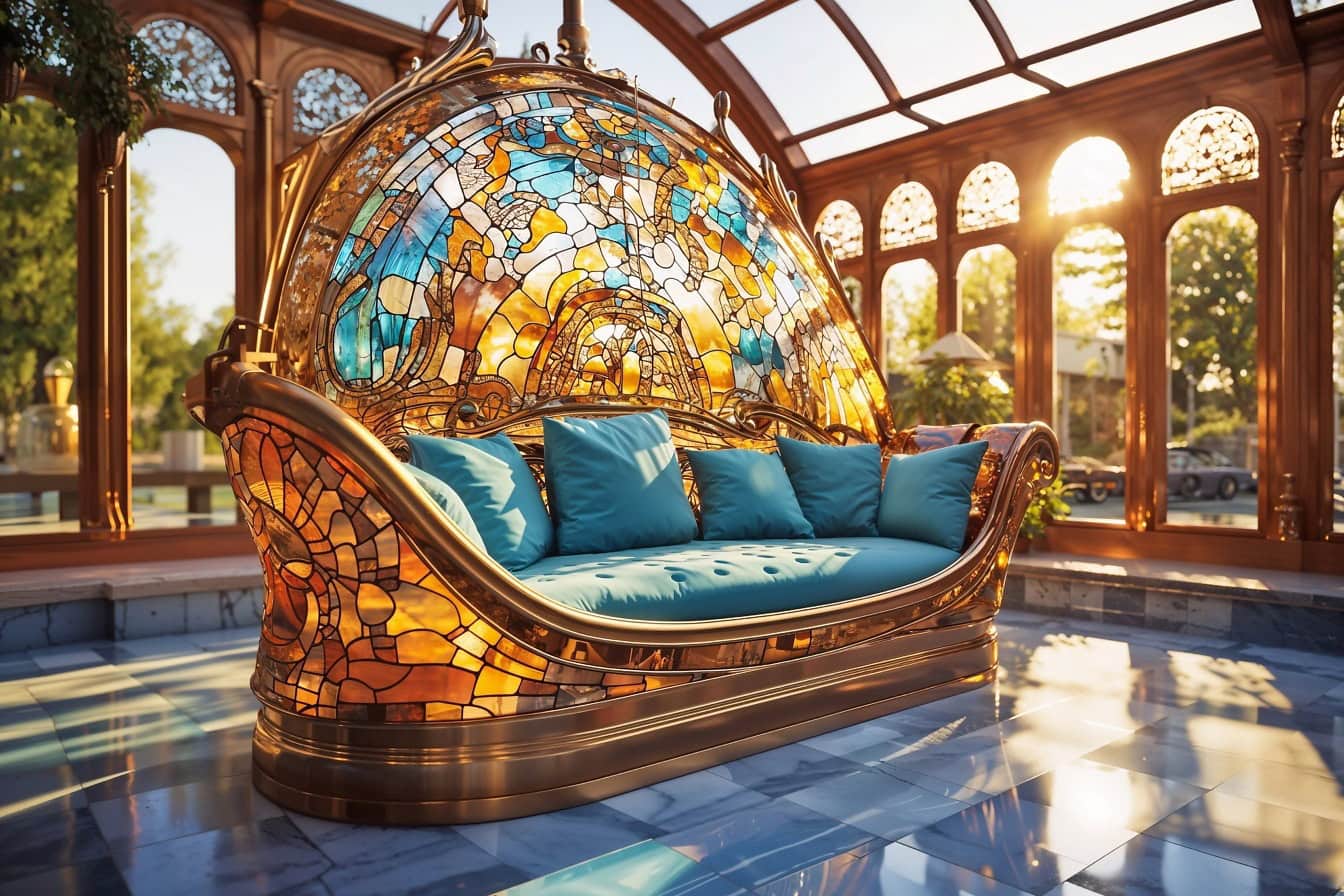 Meisterwerk handgefertigtes Sofa mit Buntglasdekoration und mit azurblauen Kissen im Gewächshaus