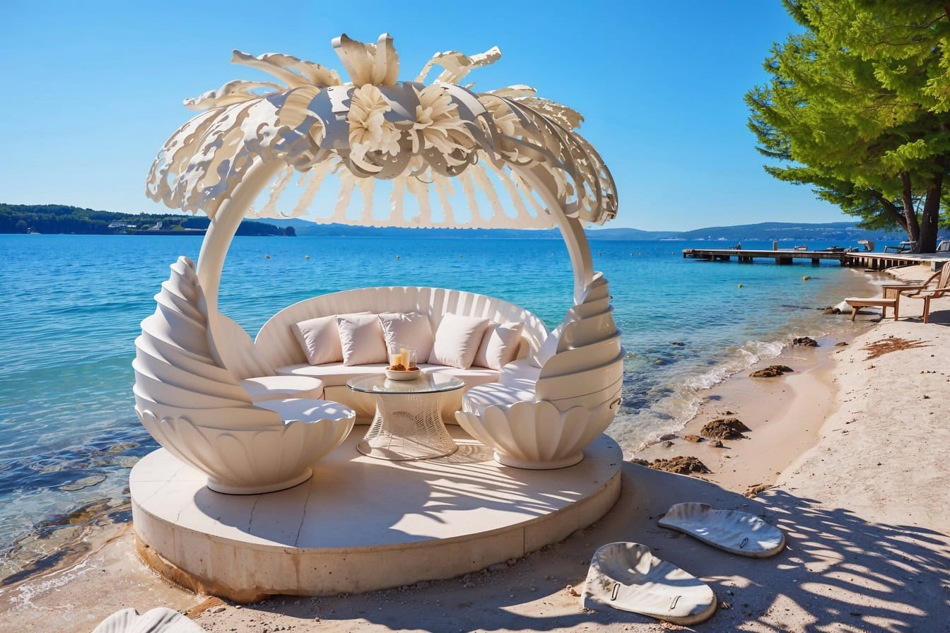 Sofá elegante e área de relaxamento na praia na Croácia