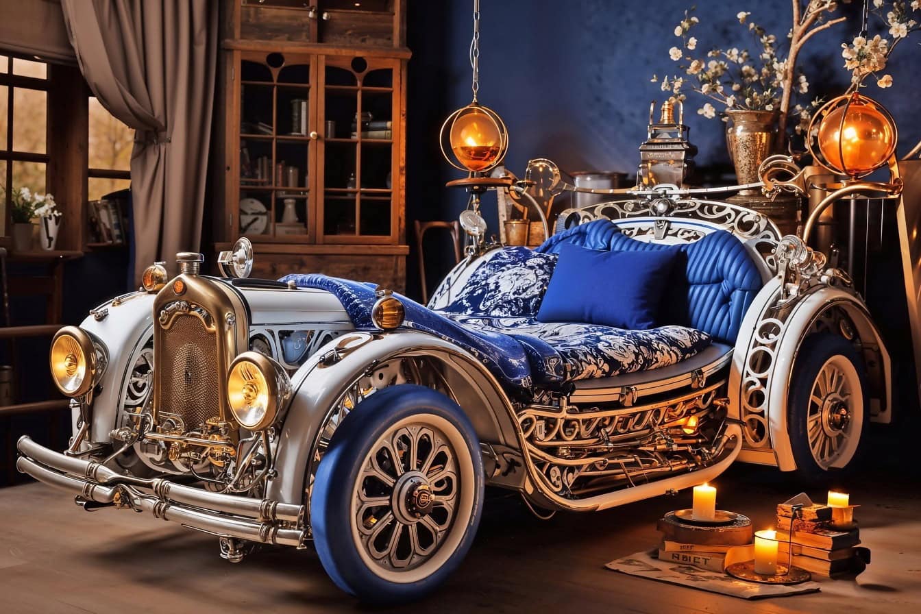 Phòng ngủ của phòng tổng thống với một chiếc giường theo dạng một chiếc xe cổ điển với một chiếc gối màu xanh đậm