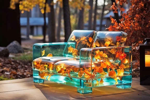 Halvtransparent glass lenestol med blader inni den på verandaen