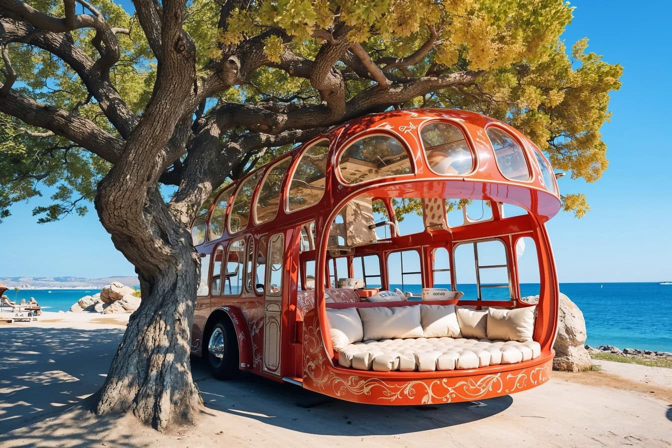 Koncept hippie červeného autobusu s pohovkou zaparkovanou pod stromom na pláži