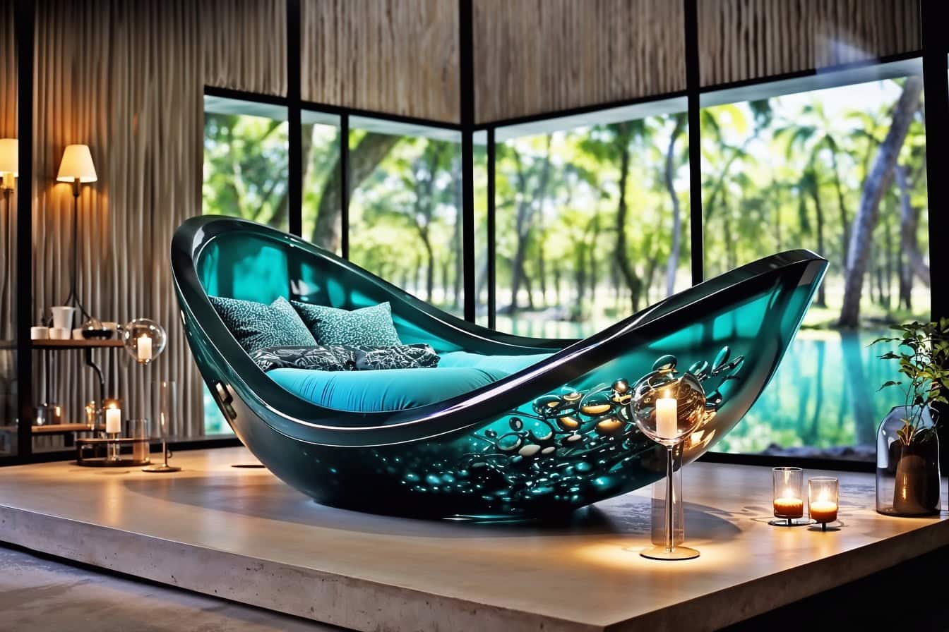 Puoliläpinäkyvä lasista valmistettu sänky, jonka vieressä on tyynyjä ja kynttilöitä