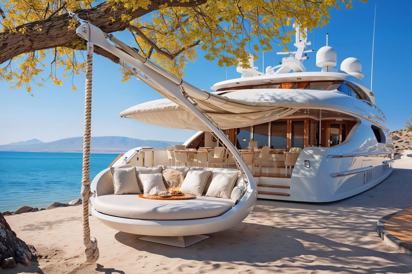 Супер яхта с белым диваном на пляже в Хорватии