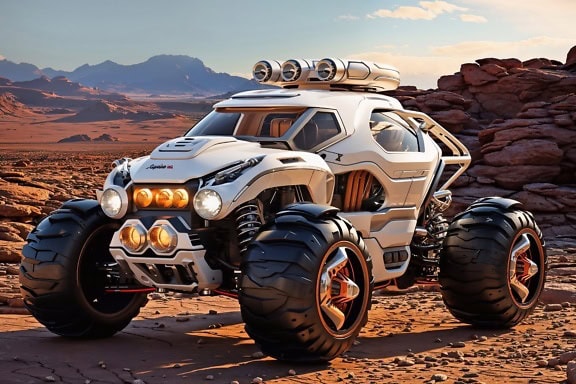 Modern exploration quad with large off-road wheels intended for transportation at rocky terrain