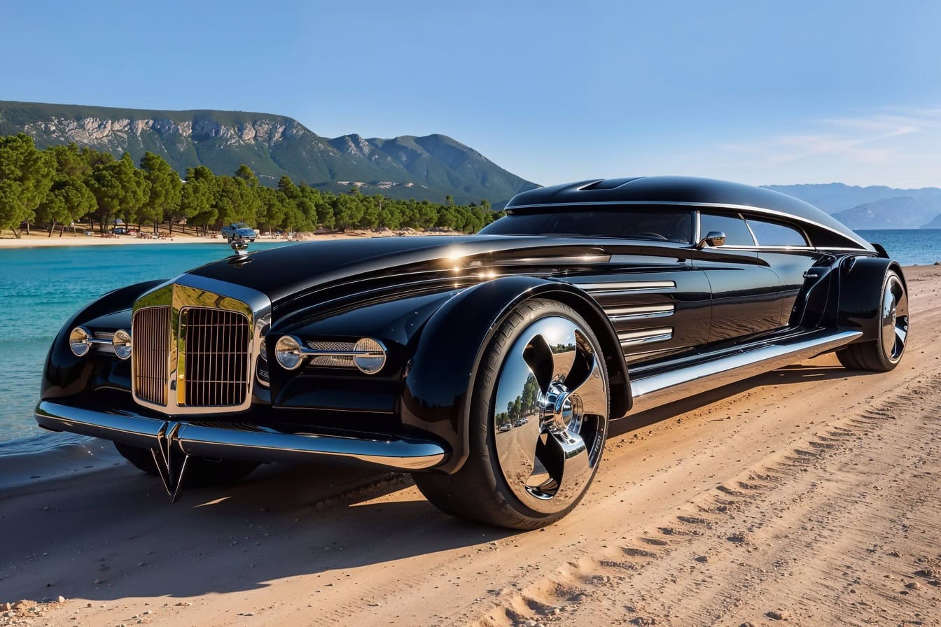 Black luxury limo on a sandy road