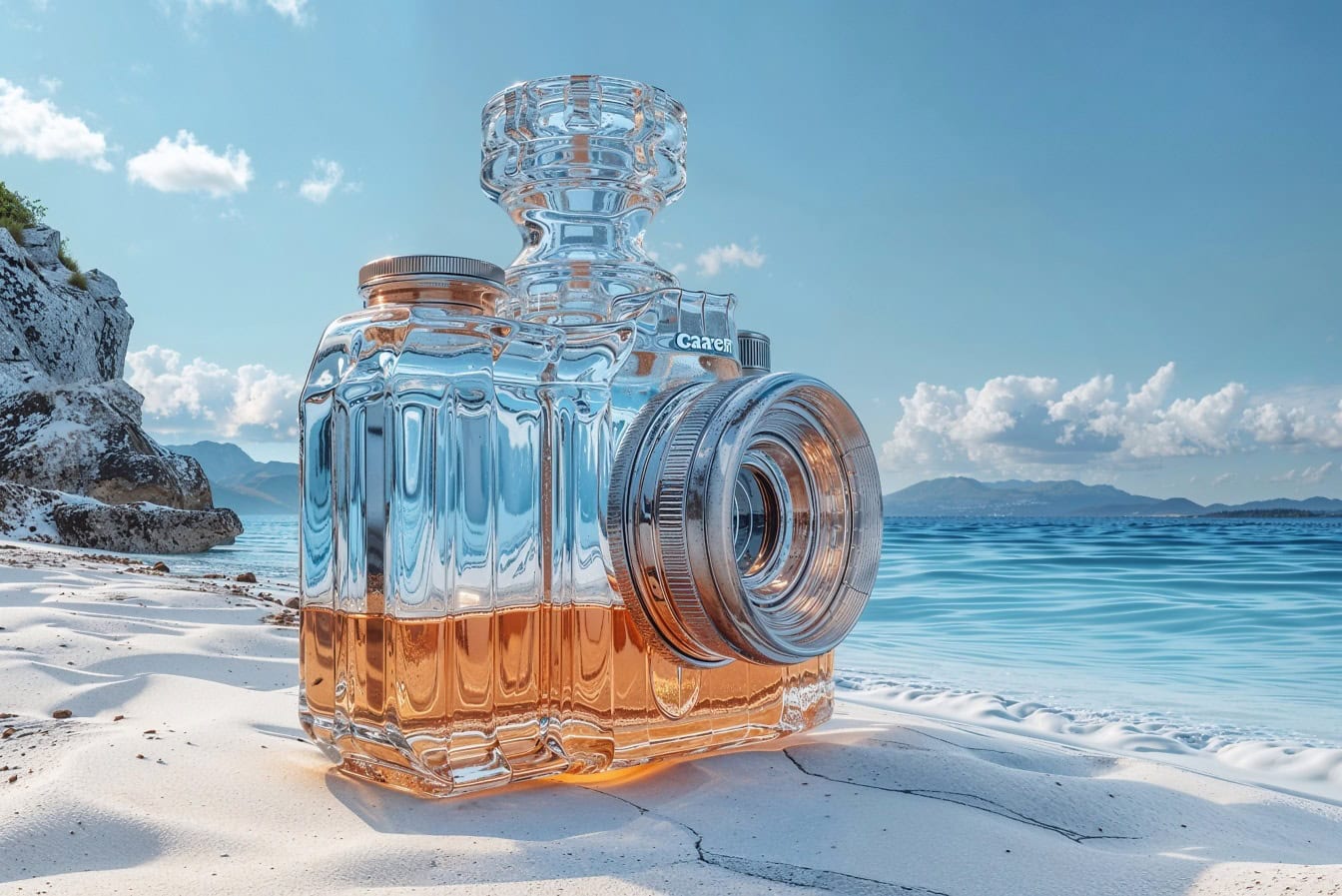 Chai rượu rum pha lê dưới dạng máy ảnh kỹ thuật số trên bãi biển