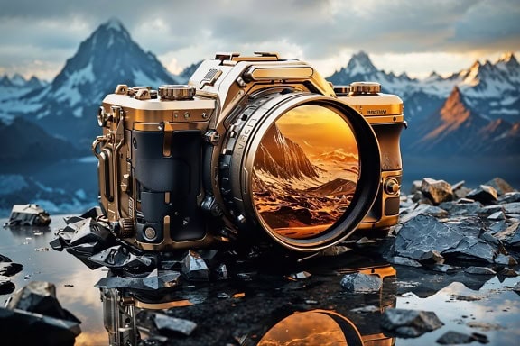 Kamera digital emas di bebatuan di puncak gunung dengan puncak gunung di latar belakang
