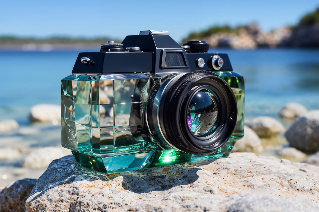 Sahil kenarındaki bir kayanın üzerinde yarı saydam kristal gövdeli analog kamera