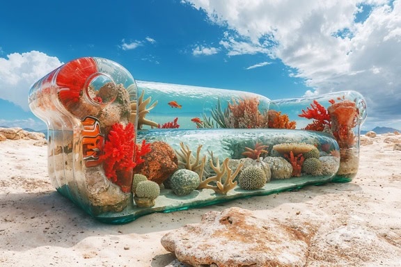 Sofá inflável transparente com peixes do mar e corais dentro