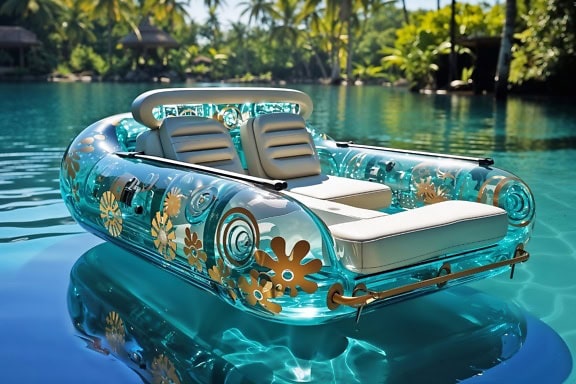Tropikal yazlık tatil beldesinde su üzerinde yüzen turkuaz şişme yatak