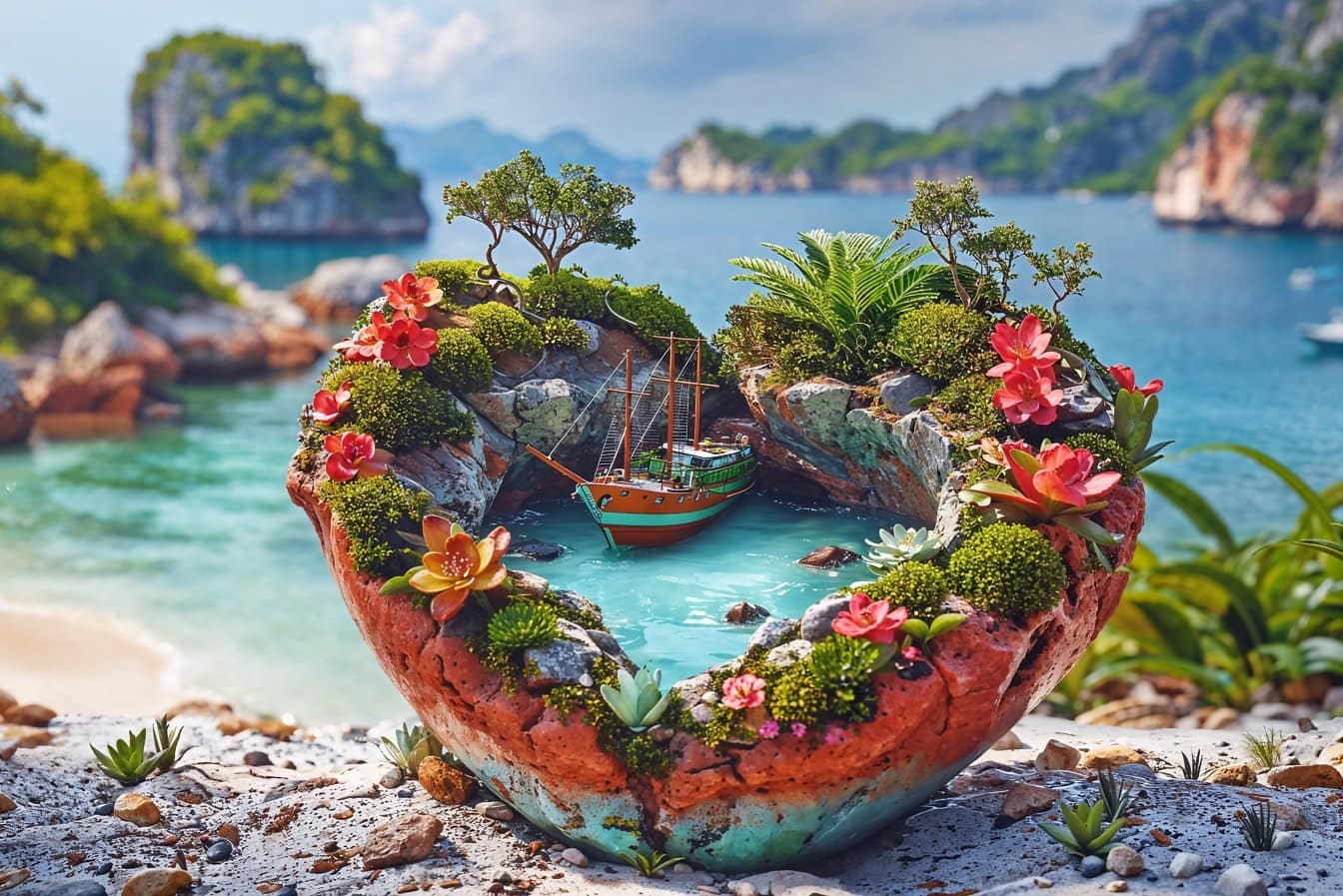 Romantische herzförmige Miniaturinsel aus Fels gehauen