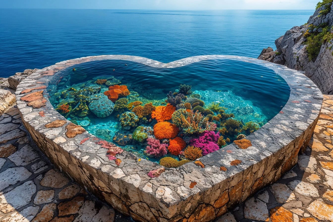 Kolam renang berbentuk hati dengan karang warna-warni di dalamnya di teras depan pantai villa