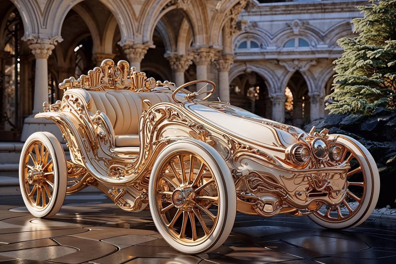 Luxuriöses goldenes und weißes Auto im Stil des Automobils des späten 19. Jahrhunderts