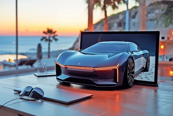 Black sports car emerging from a tablet on a desk