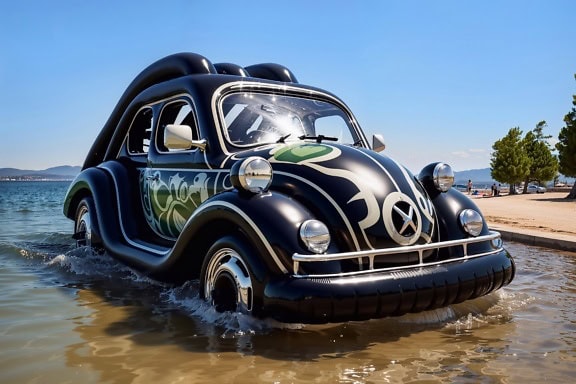 Black inflatable car-boat in a shape of the Volkswagen Type 2 automobile in shallow water