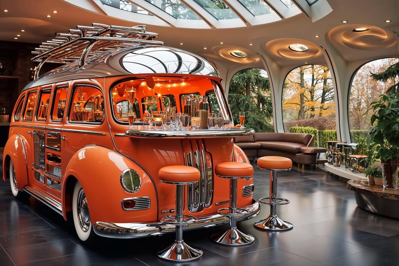 O dubă portocalie de epocă ca bar în interiorul hotelului de lux